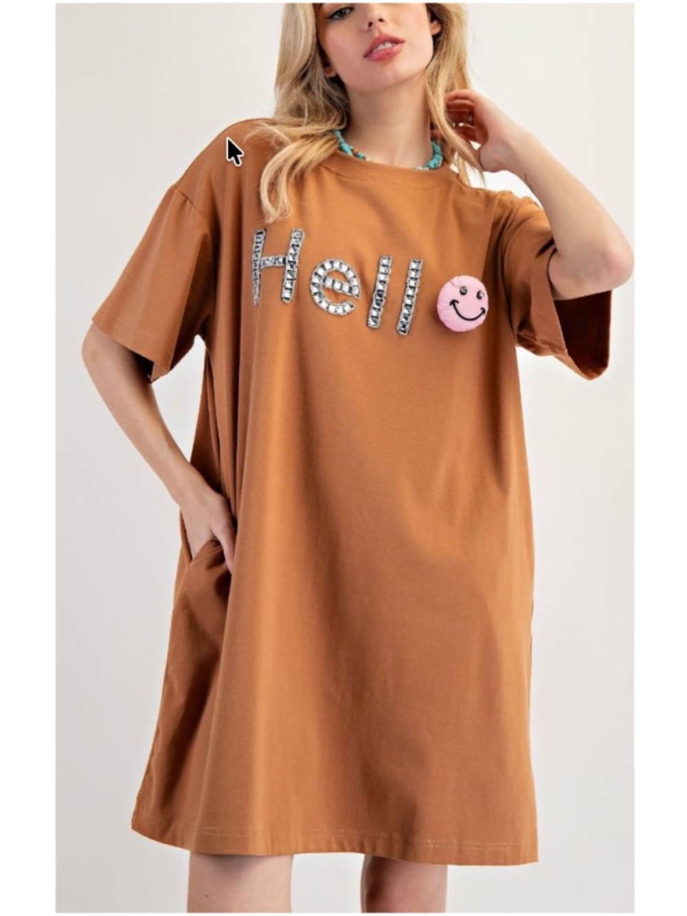 Easel Camel Cotton Loose Fit Rhinestone Hello Short Sleeve Shirt Dress
